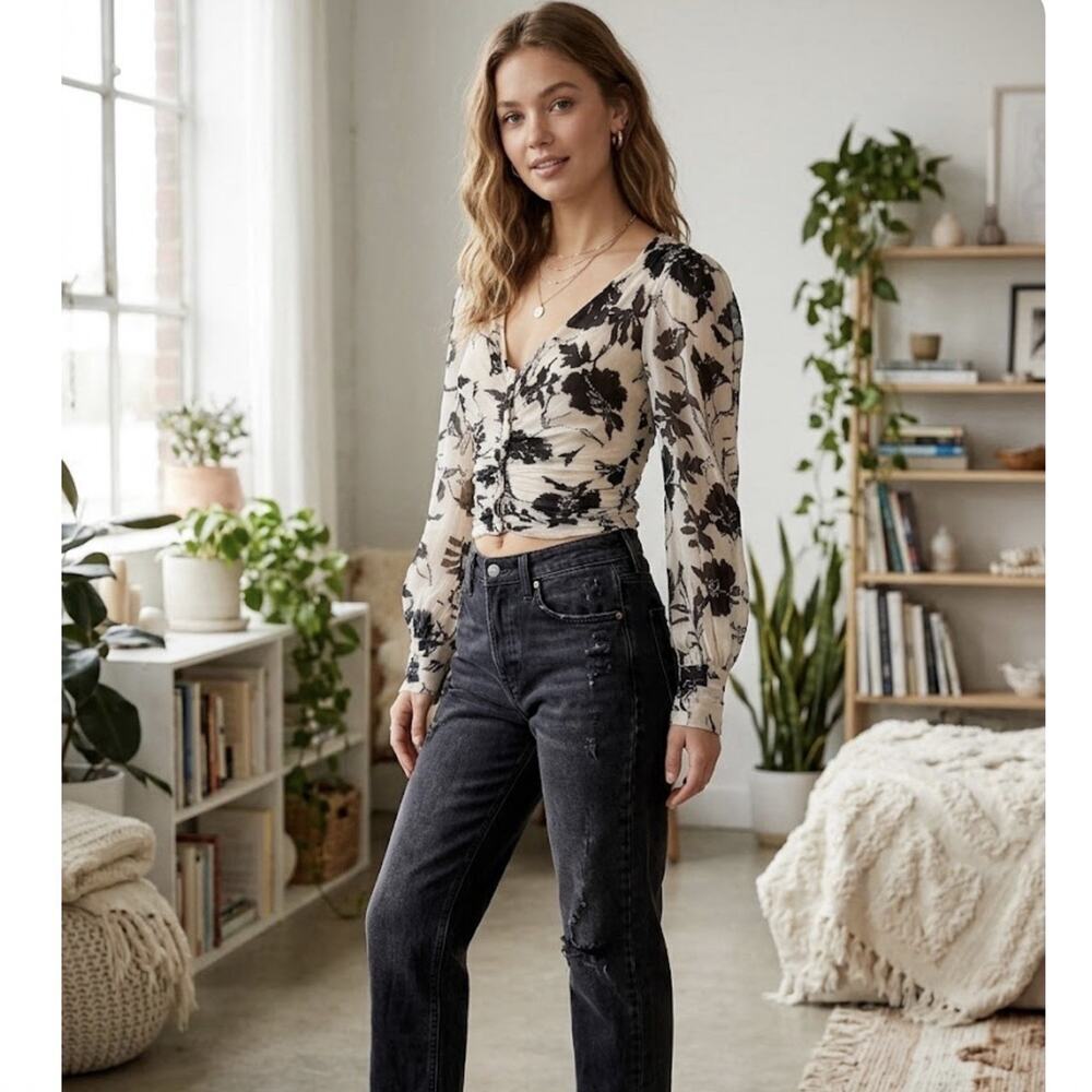 Free People Women’s Floral Ruched Crop Top Boho Cottagecore Fairycore Blouse XS